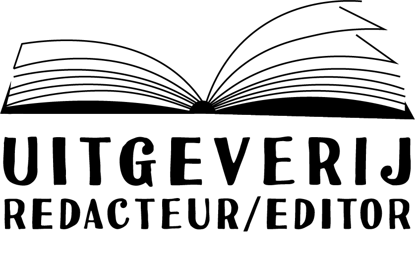 Een zwart-wit logo van een opengeslagen boek, waaronder de tekst 'Uitgeverij Redacteur/editor' staat